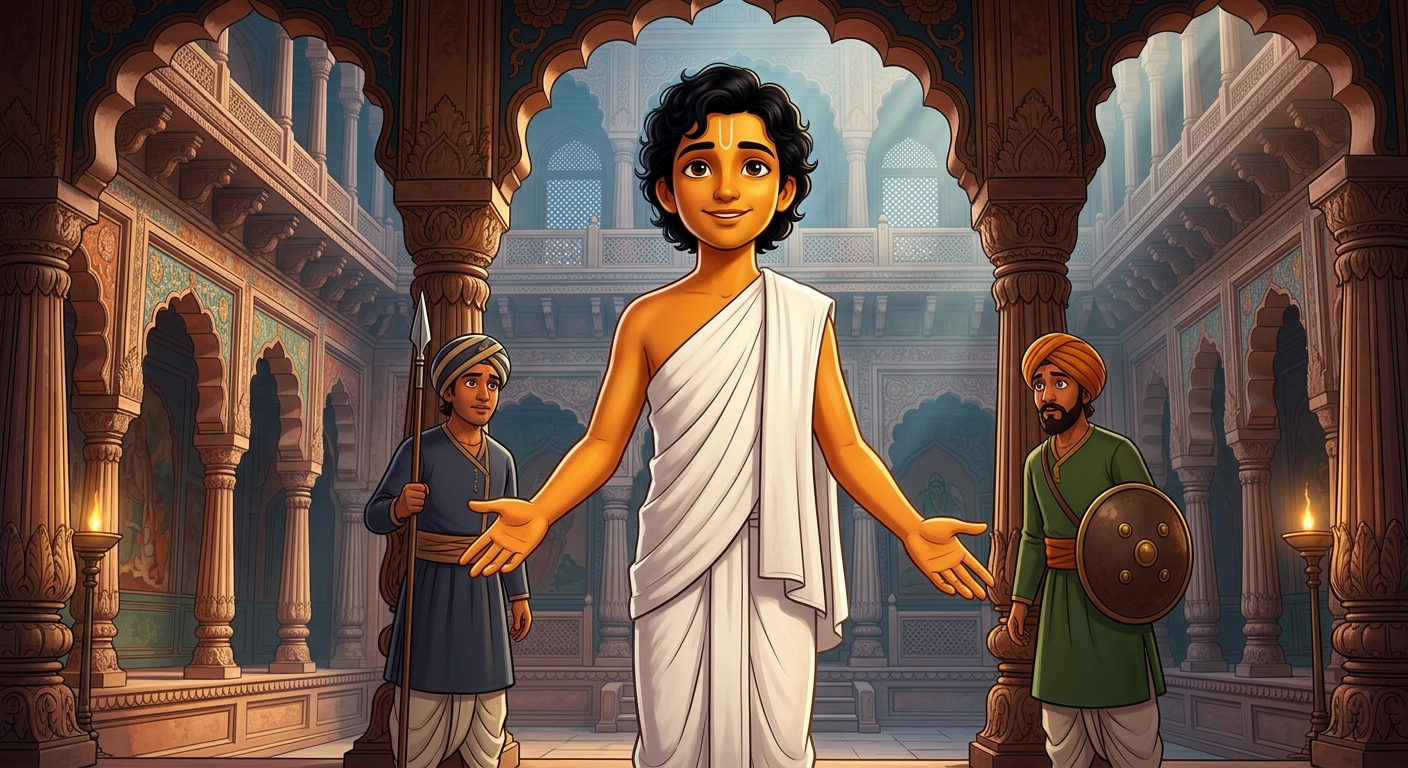 14yo Kabir calmly stepping forward in pure white clothes offering his hands