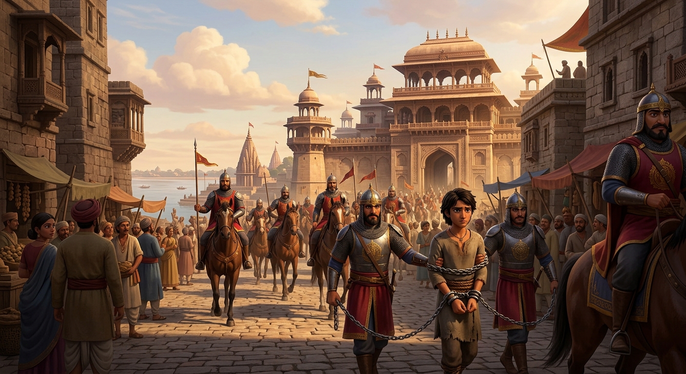 Royal cavalry escorting the chained youth through the stone streets