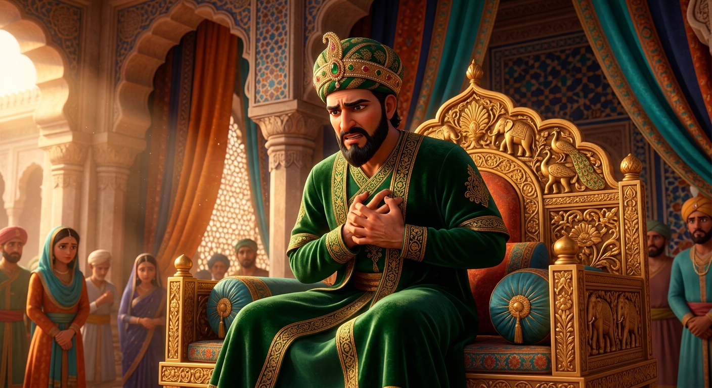 Sultan Sikandar Lodi seated on his throne clutching his chest in burning pain