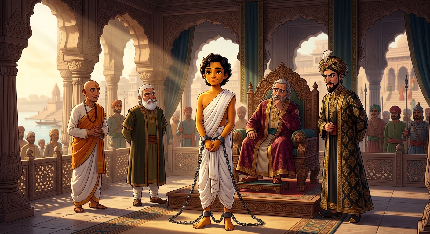 Young Kabir brought before the throne in chains surrounded by conspirators