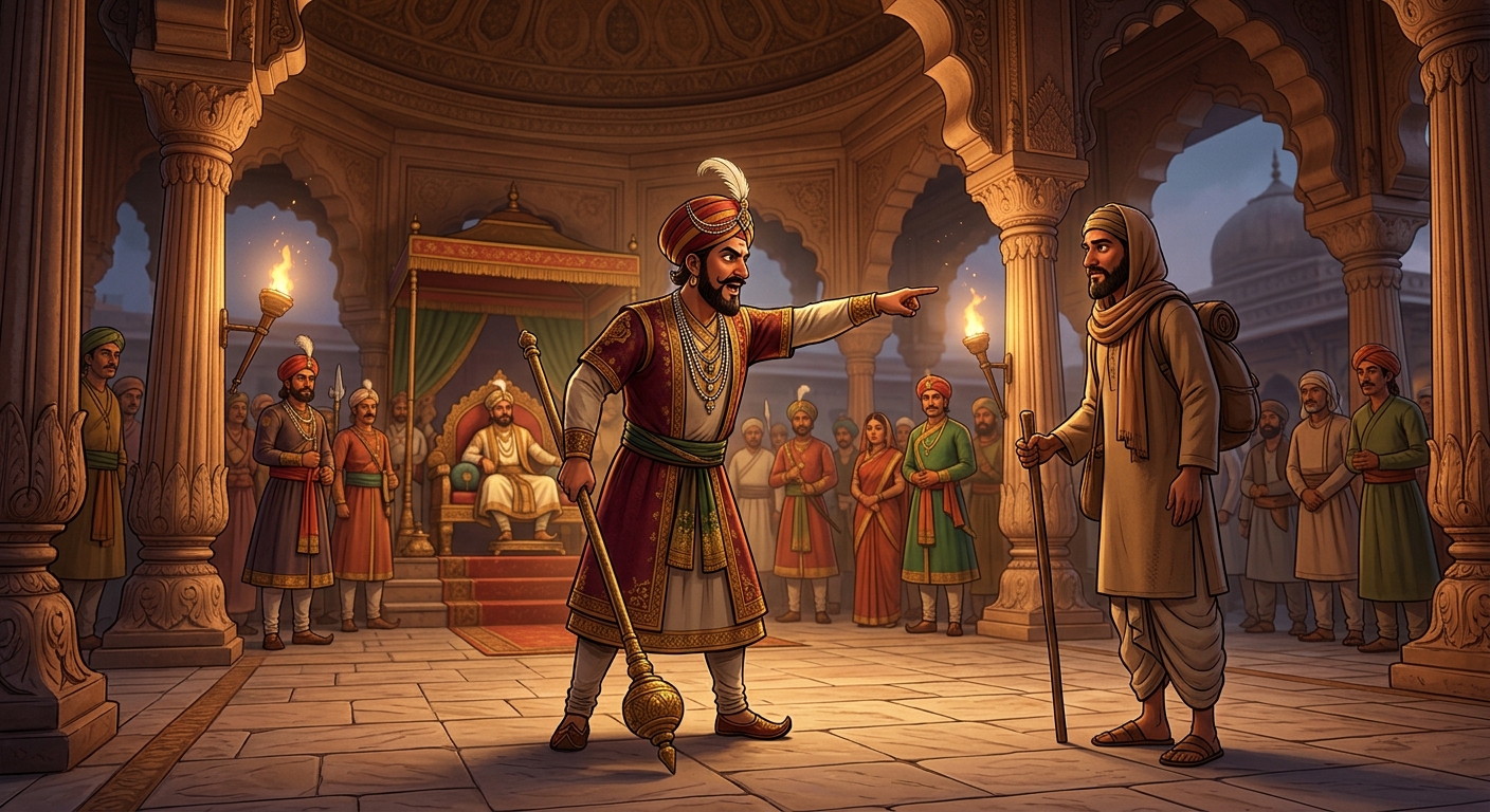 The royal herald shouting at Kabir to bow