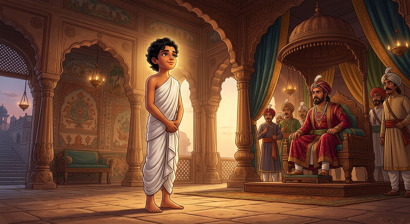 14yo Kabir standing tall in pure white dhoti looking calmly at the Sultan