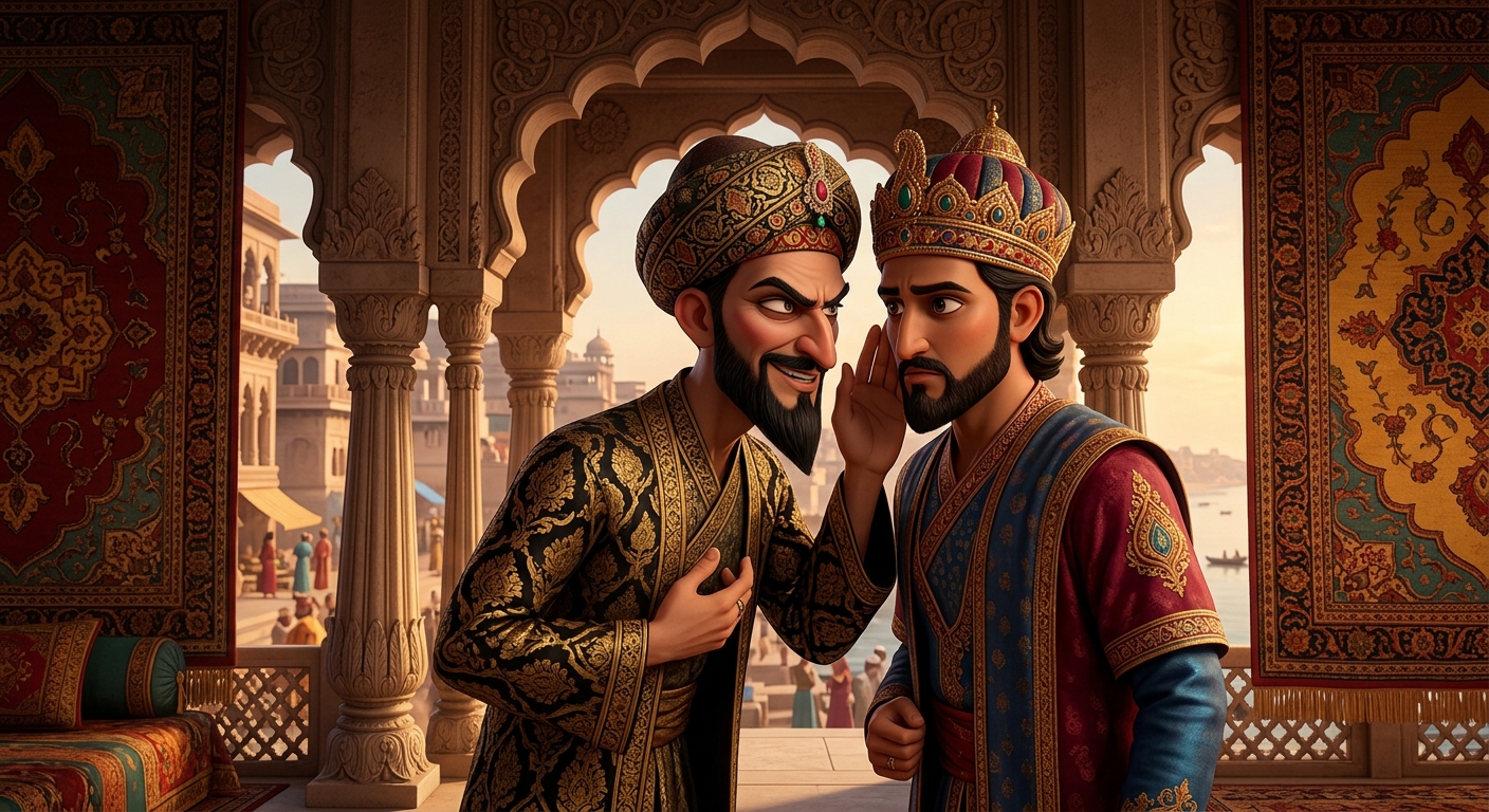 Sheikh Taqi whispering into the Sultan's ear