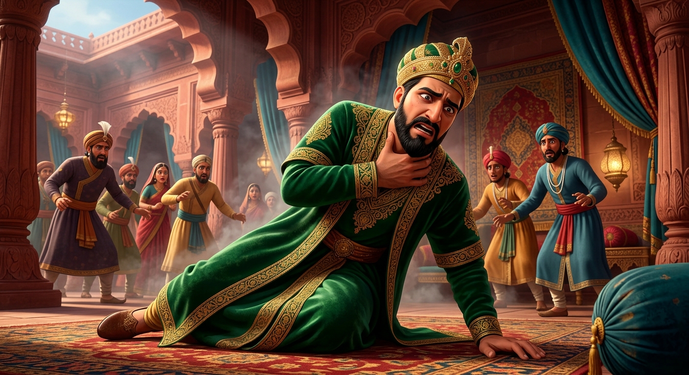 Sultan Sikandar Lodi collapsing on his throne groaning in burning fever