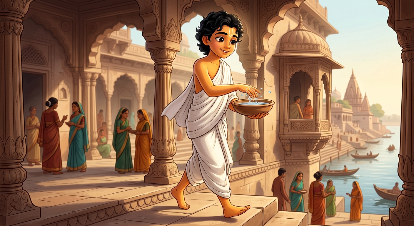 14yo Kabir stepping forward dipping his hand into an earthen bowl of water
