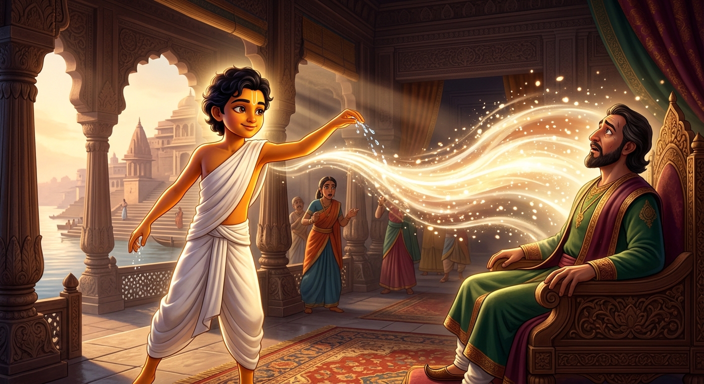 Kabir sprinkling water toward the suffering Sultan as a golden-white healing light expands