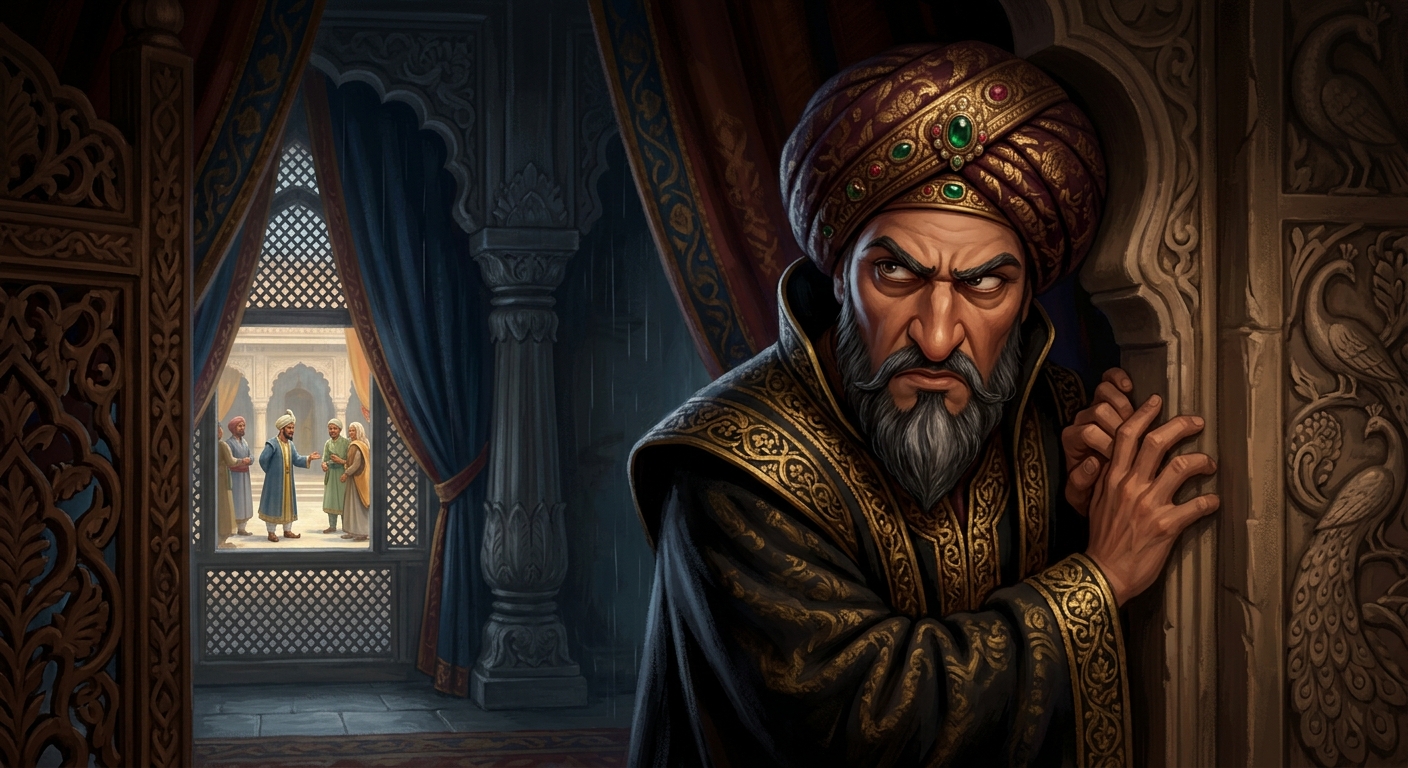 Sheikh Taqi watching from the shadows his face contorted in vicious jealousy
