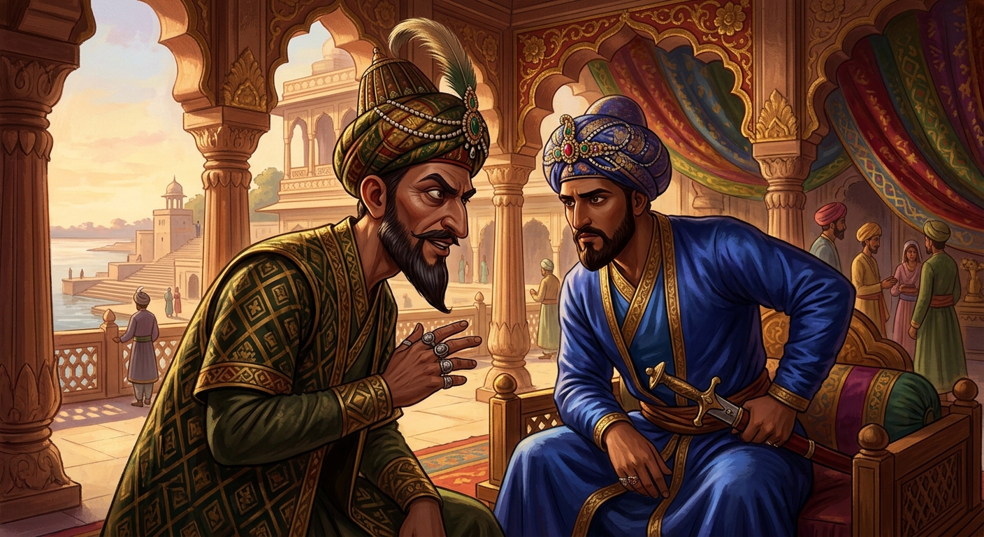 Sheikh Taqi leaning toward the Sultan plotting the 52 Kasnis