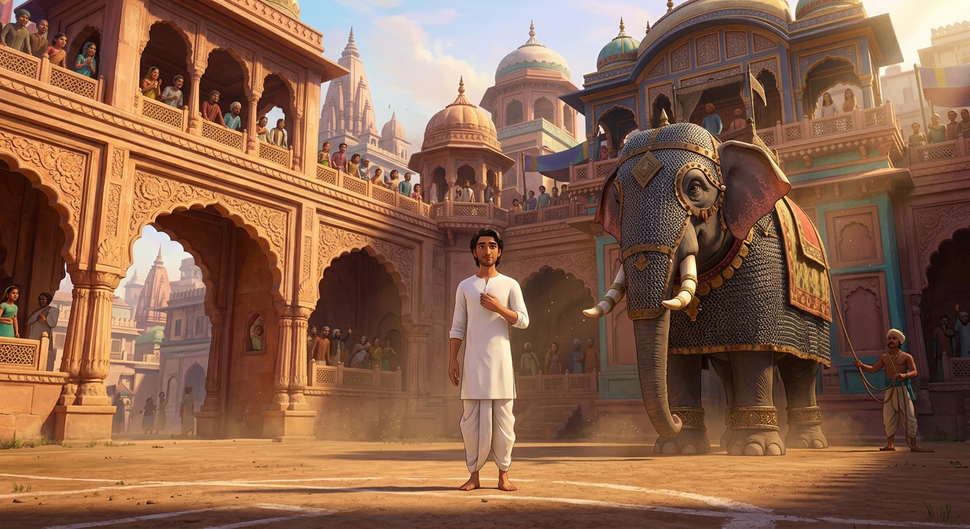 In the royal arena, the massive mad elephant Madankar Hathi is prepared for the first trial while Kabir stands tranquil