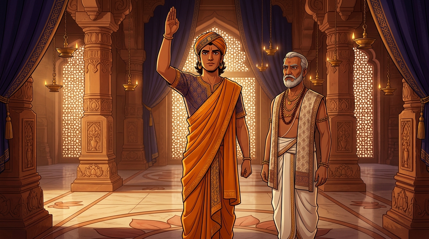 Madanavinoda standing tall with burning determination, making a sacred vow before his father