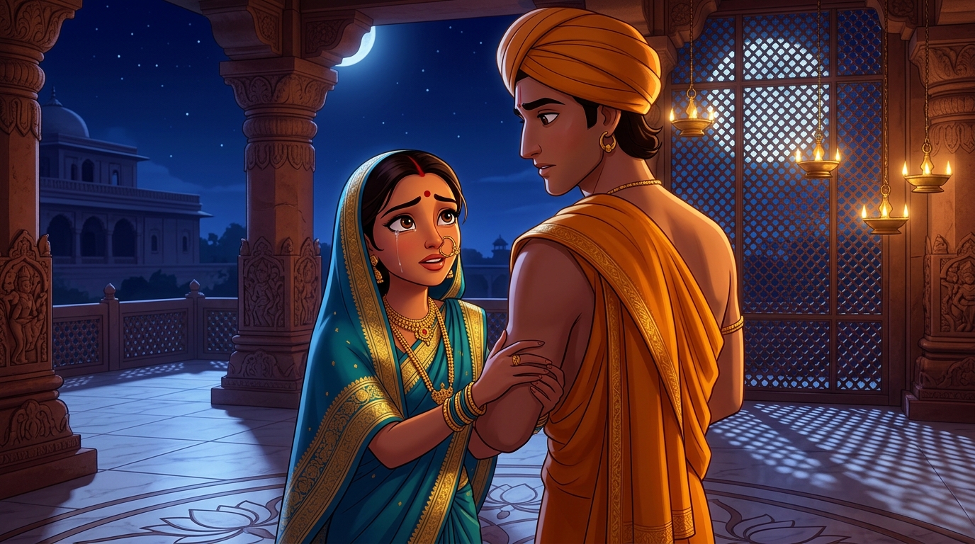 Prabhavati clutching Madanavinoda's arm in desperate tears on the moonlit balcony