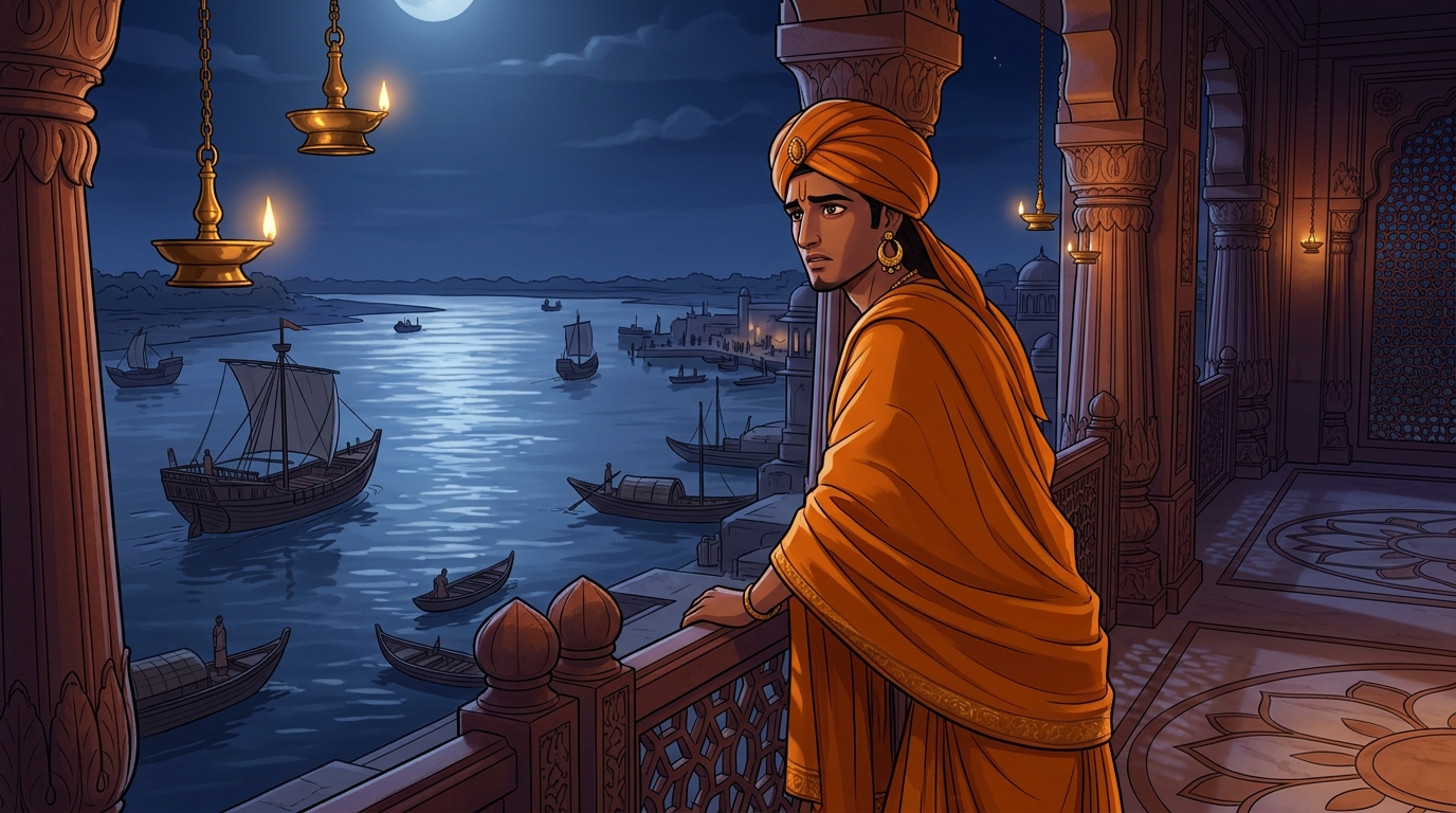 Madanavinoda staring out into the dark harbor from his balcony, troubled by how to protect his home