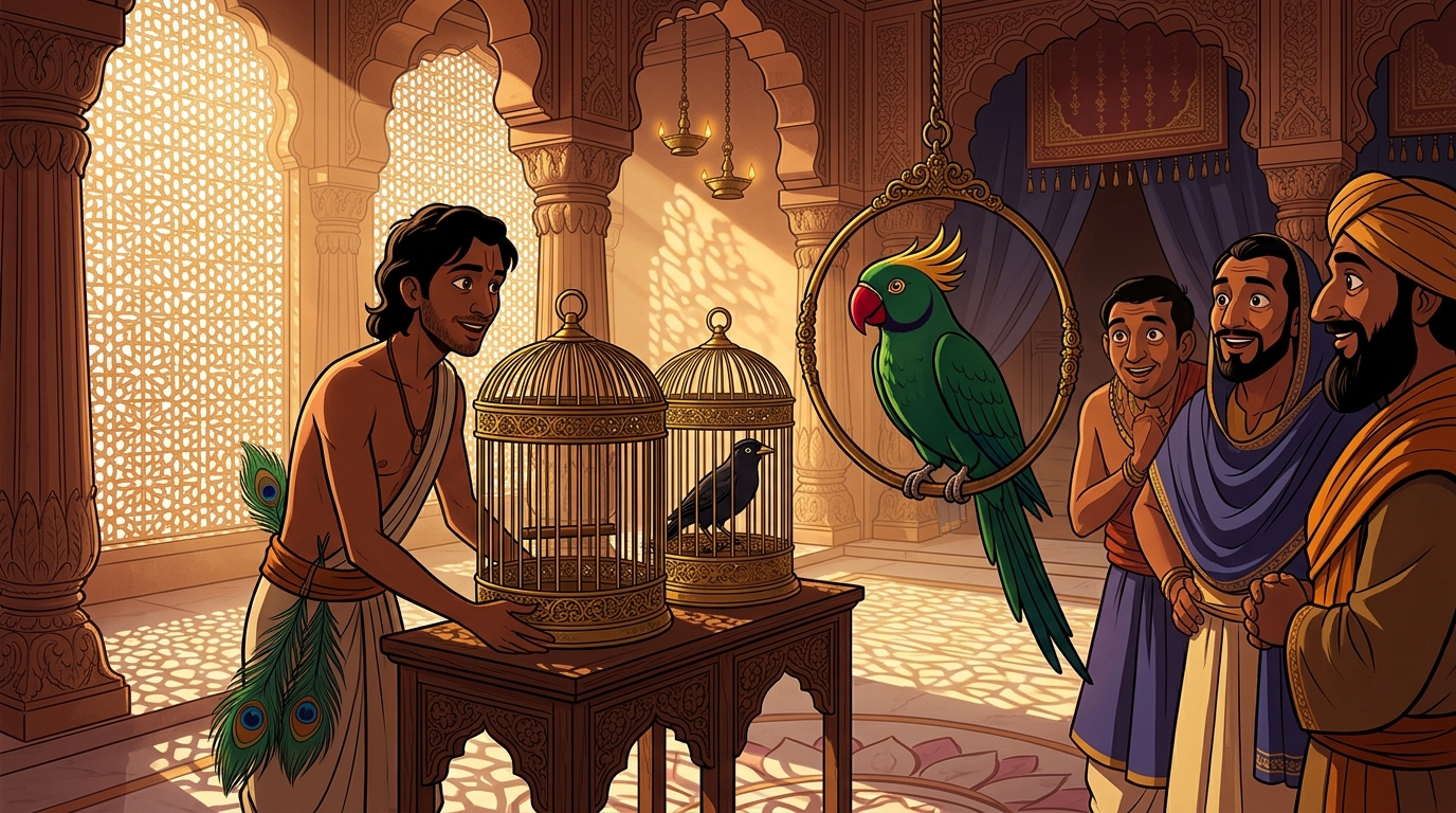 A fowler presenting two antique brass cages with Shuka the parrot and Manorama the myna in the courtyard