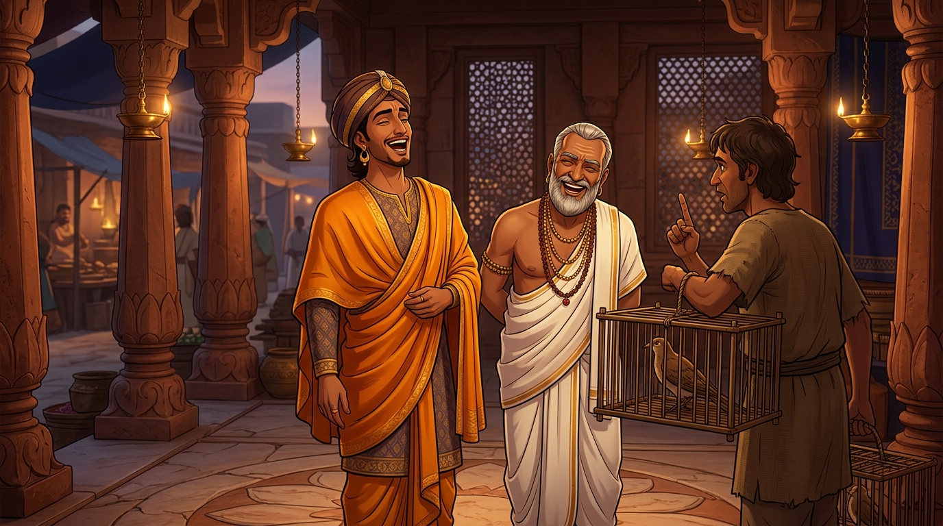 Madanavinoda and Trivikrama laughing in astonishment at the outrageous price