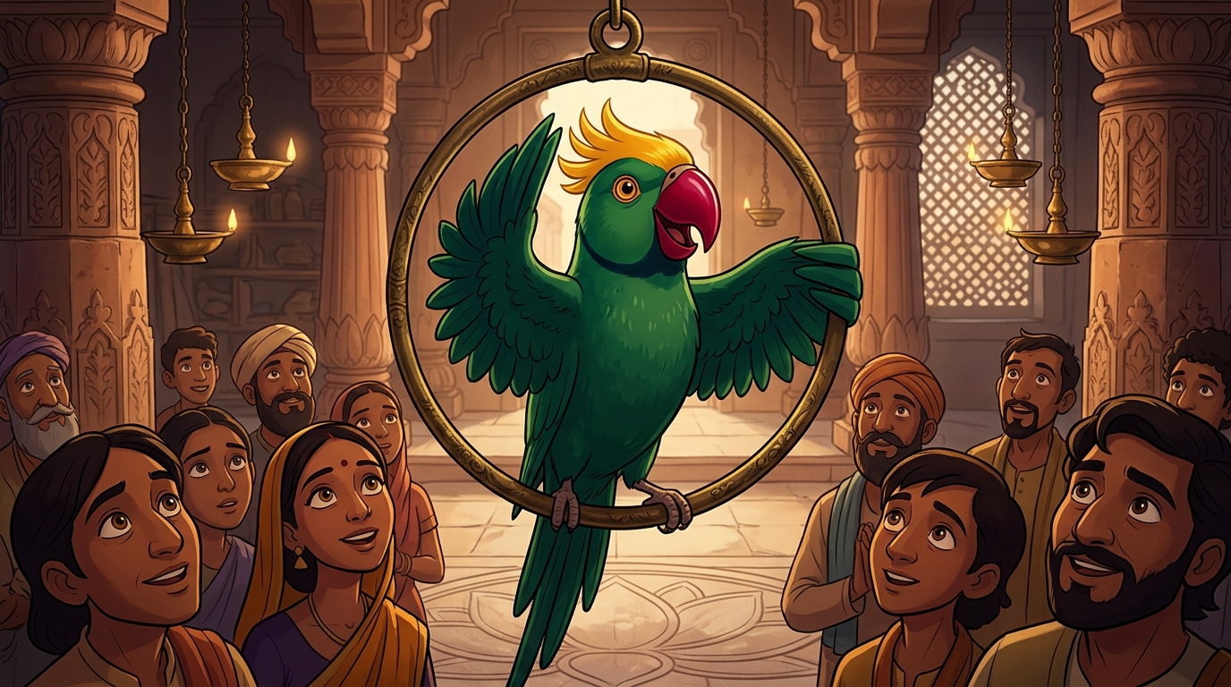 Close-up of Shuka raising his emerald wing, speaking in pure Sanskrit with radiant wisdom