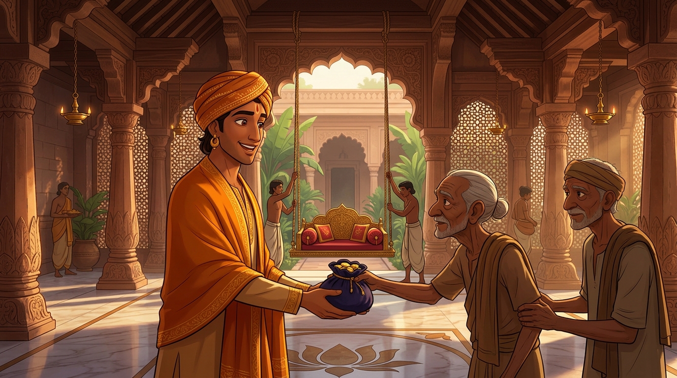 Madanavinoda happily paying the gold bag while servants hang Shuka's swing in the central palace arch