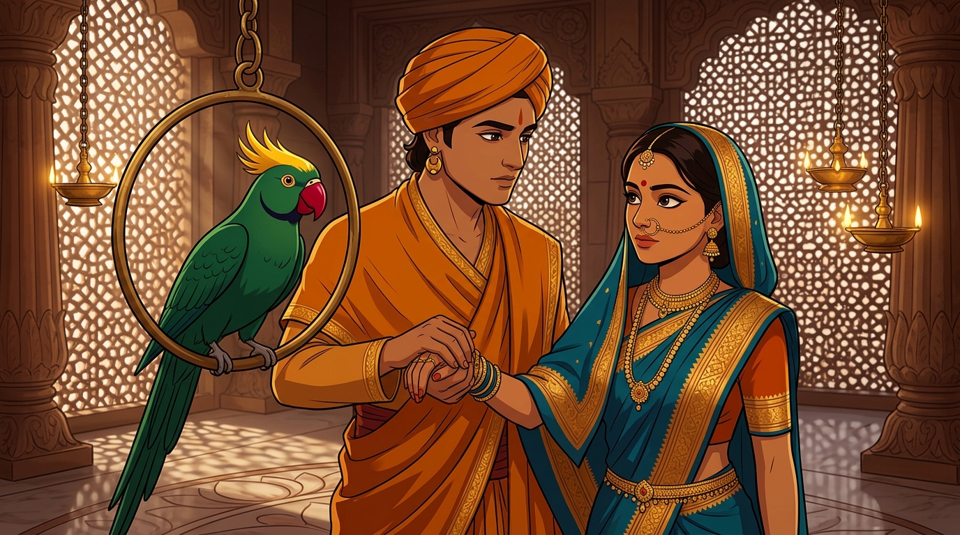 Madanavinoda solemnly placing Prabhavati's hand on Shuka's cage, giving his final command