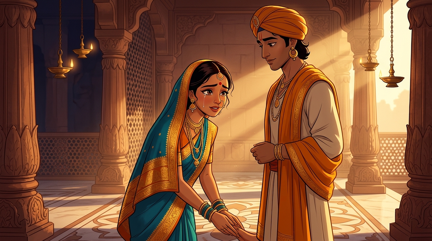 Prabhavati touching her husband's feet in traditional tearful farewell under the morning sun