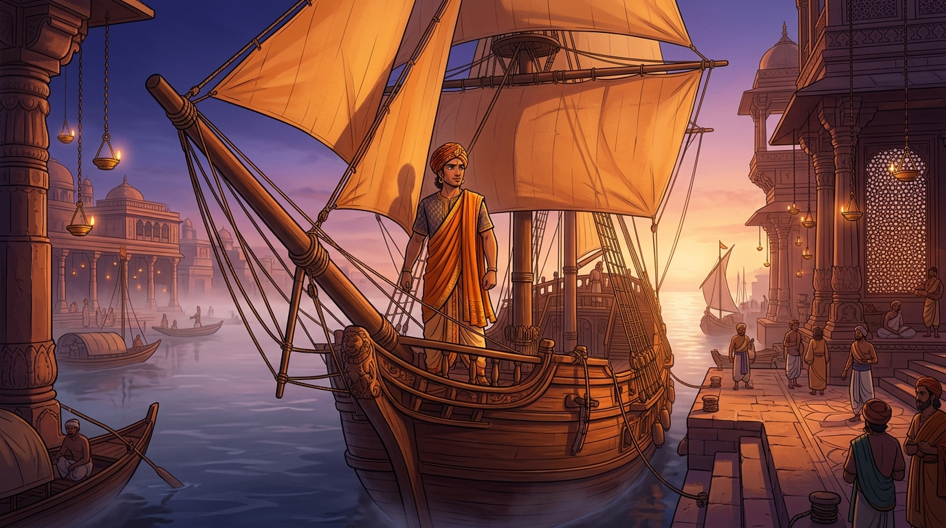 Madanavinoda on the prow of the three-masted ship sailing down the river into the golden sunrise