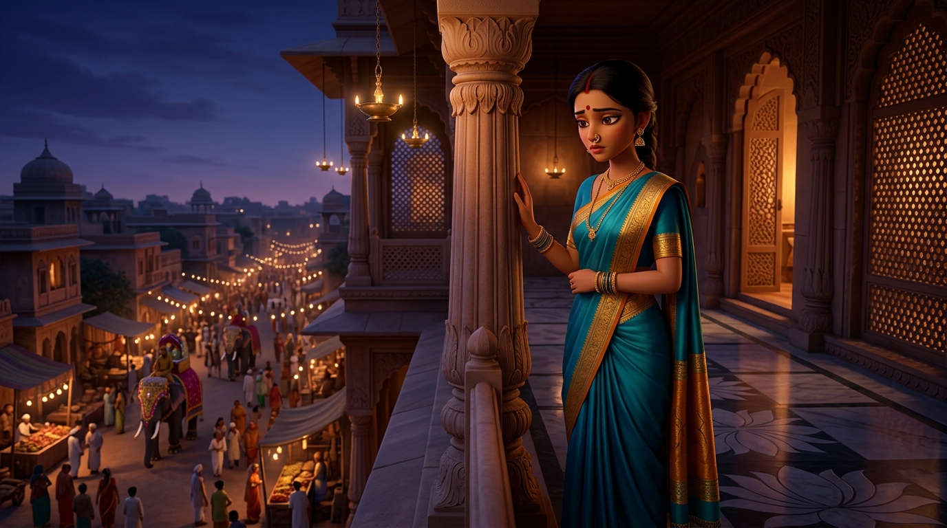 Prabhavati standing alone on the high palace veranda looking down at the evening festival with deep melancholy