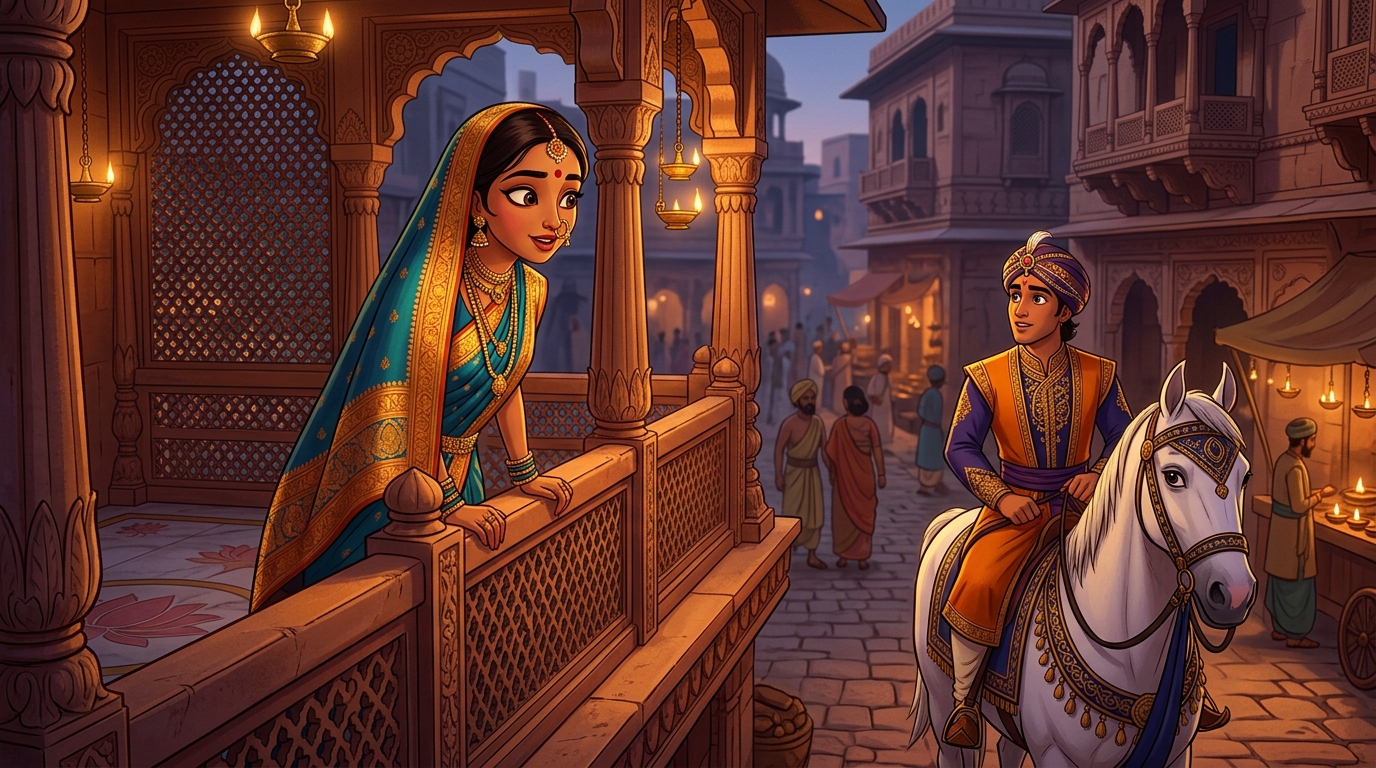 A dashing prince on a decorated white horse looking up from the street, locking eyes with Prabhavati