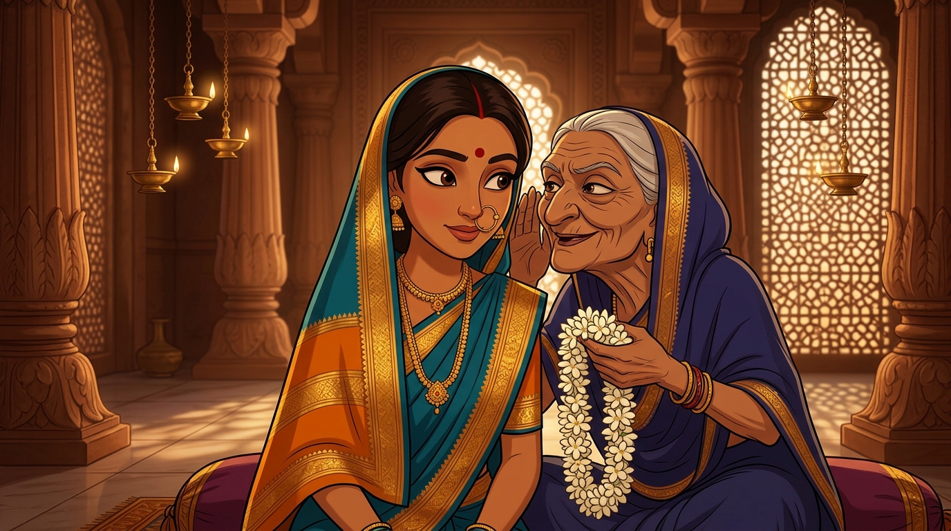 A crooked old matchmaker whispering poisonous flattery into Prabhavati's ear while offering jasmine garlands