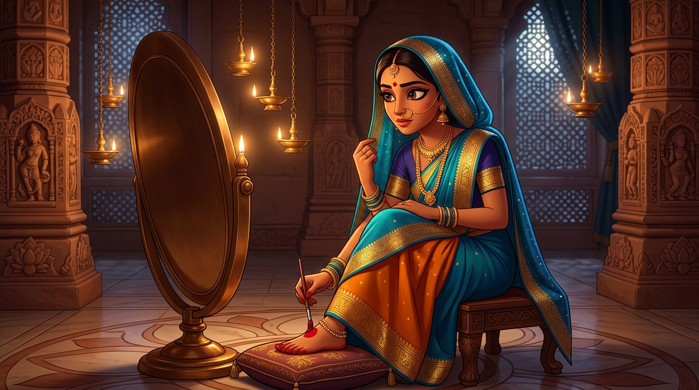 Prabhavati applying red alta and putting on peacock-blue silk before the mirror by candlelight