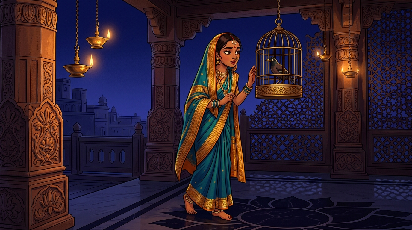 Prabhavati stepping onto the dark veranda, whispering to Manorama the myna bird