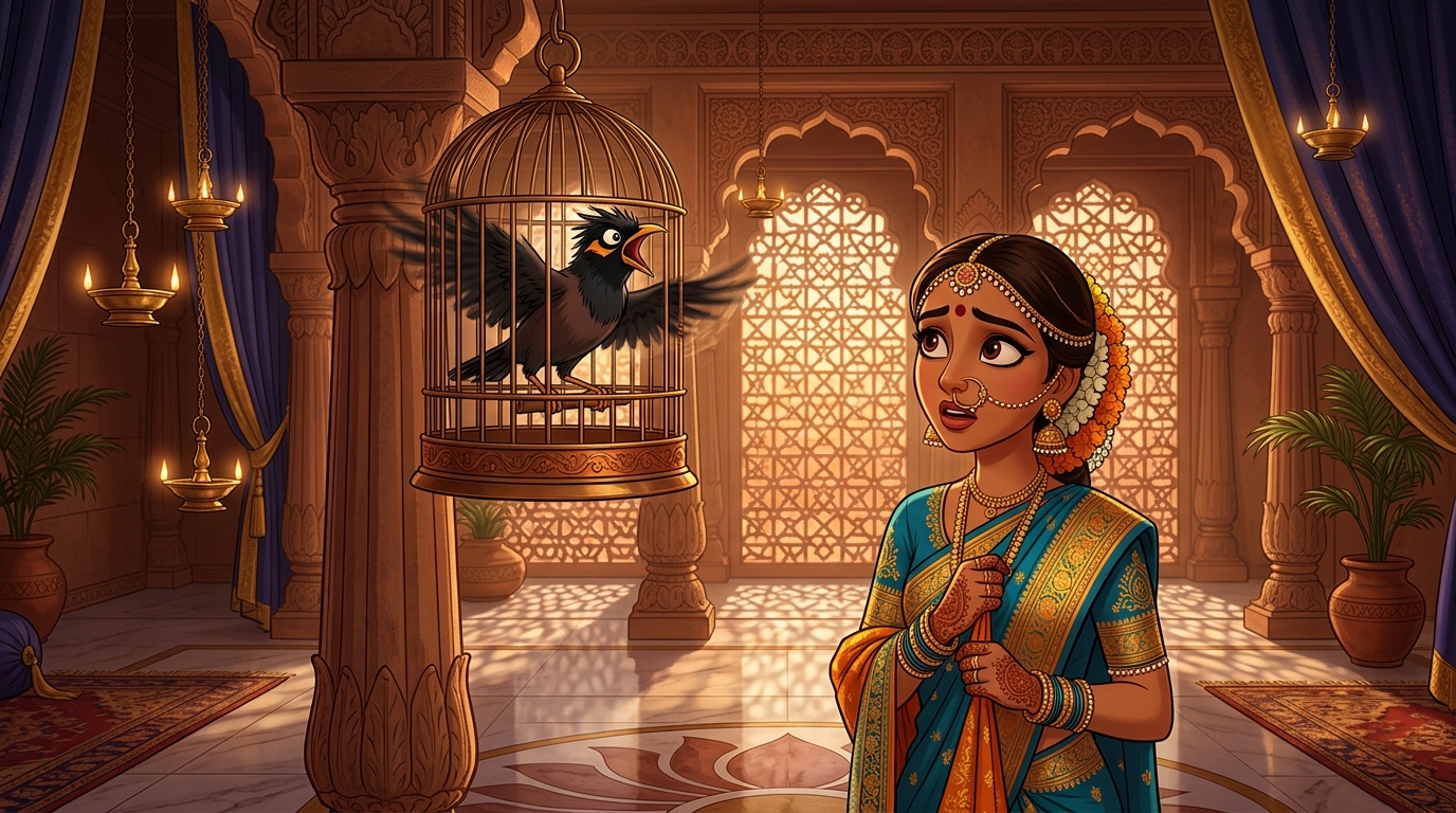 Manorama the myna bird shrieking in violent self-righteous fury inside its cage