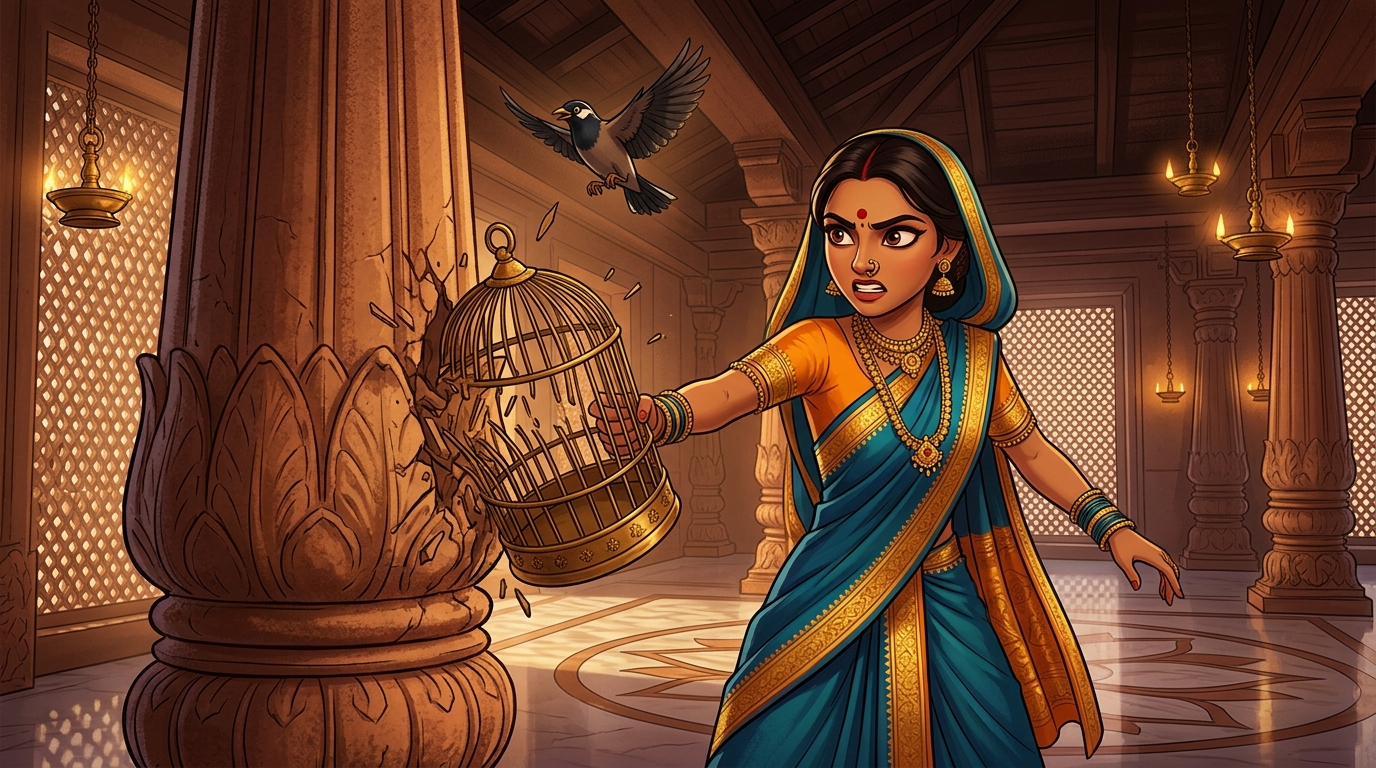 Prabhavati in wild fury grabbing the myna's cage and smashing it against the stone pillar
