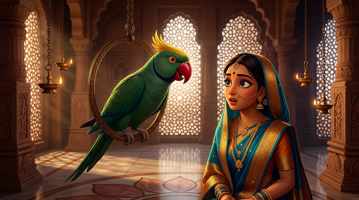 Shuka bowing with sweet courtly charm from his swing, speaking in honeyed words to Prabhavati