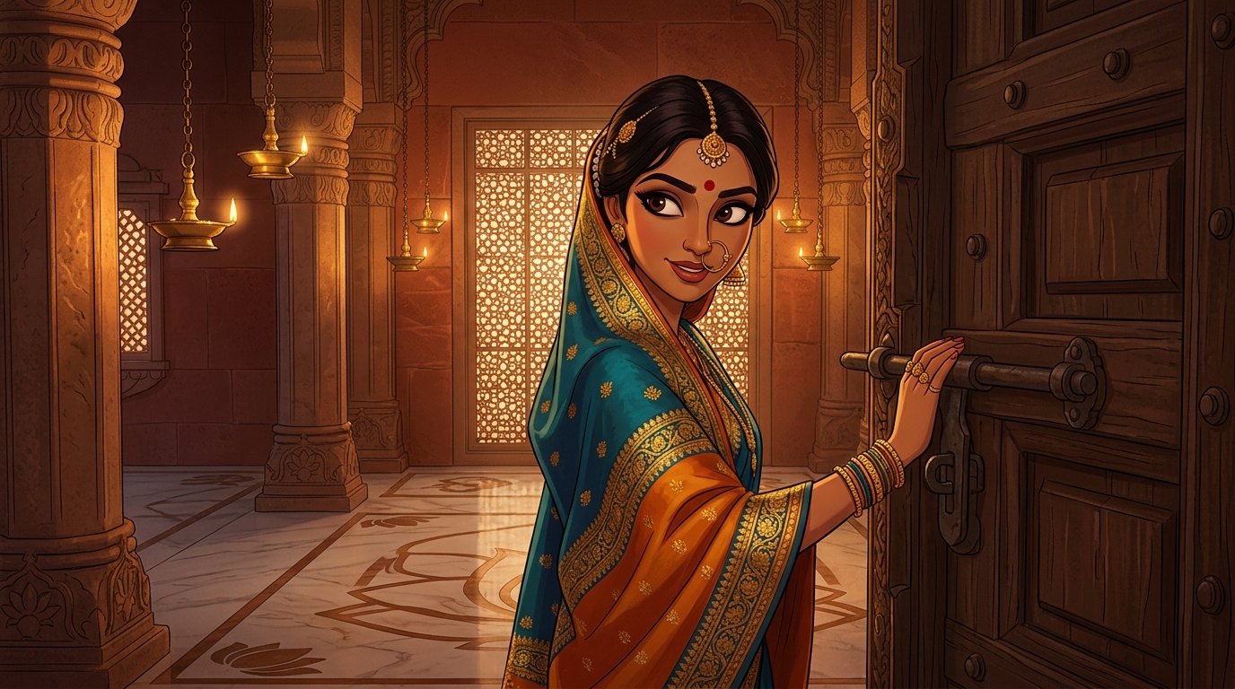 Prabhavati stopping with her hand on the door latch, turning back in delight and intrigue