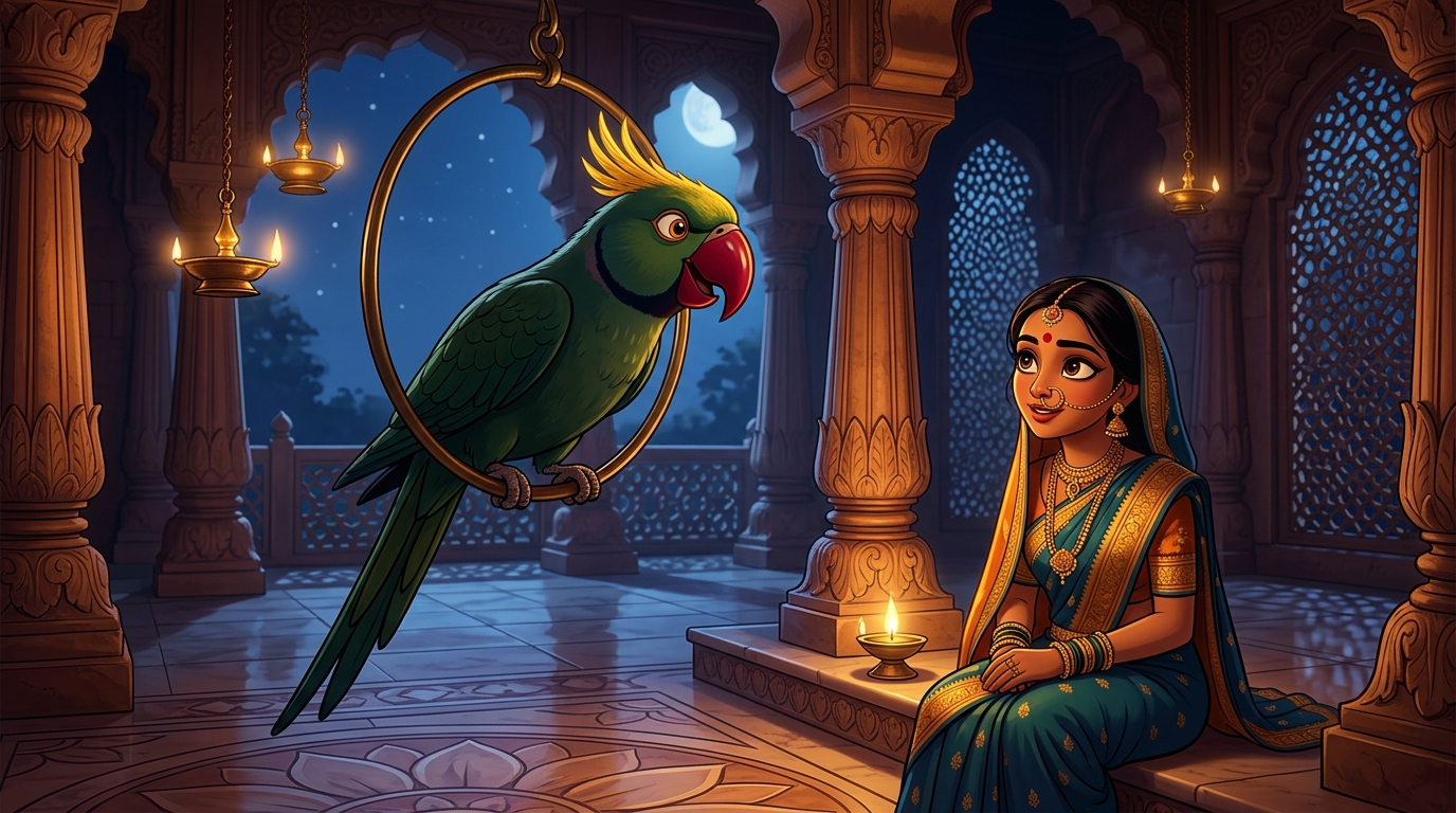 Shuka leaning forward on his swing with sparkling wit as Prabhavati sits captivated on the step