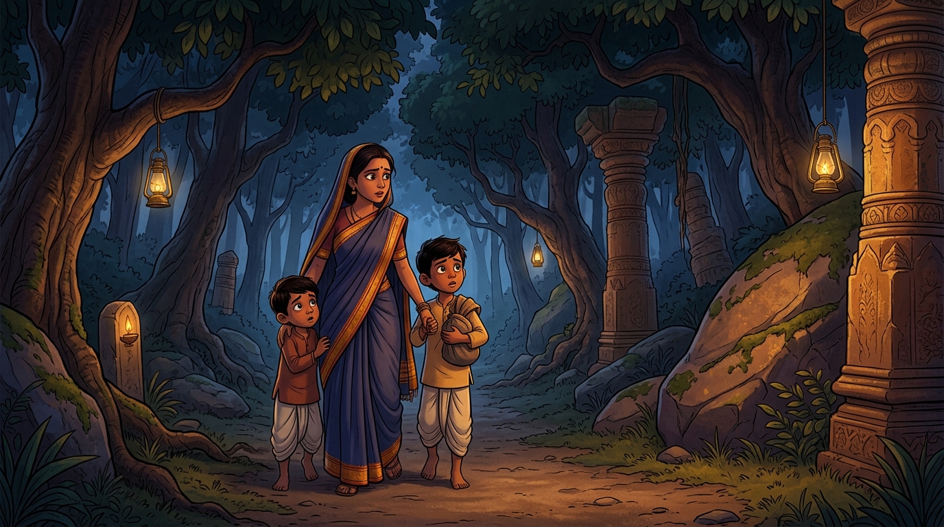 The forest grows darker and shadowy, the two boys clutching their mother's saree in fear