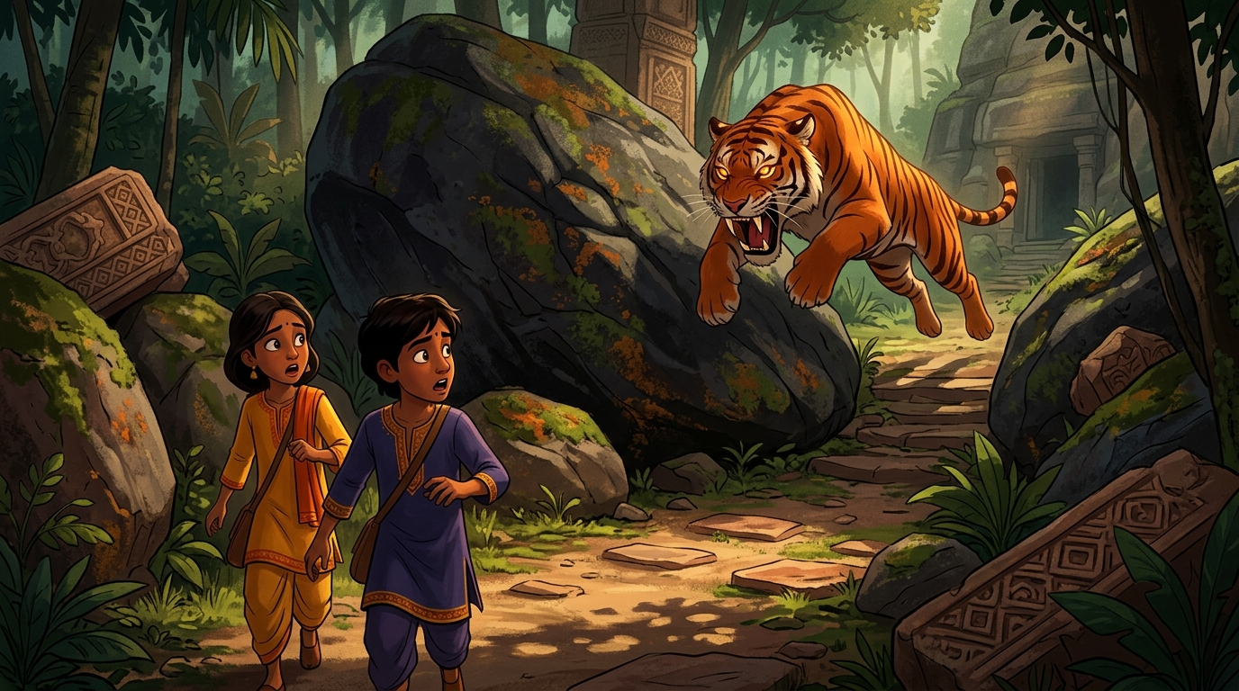 A colossal ferocious royal Bengal tiger leaping onto the path with burning amber eyes and bared fangs