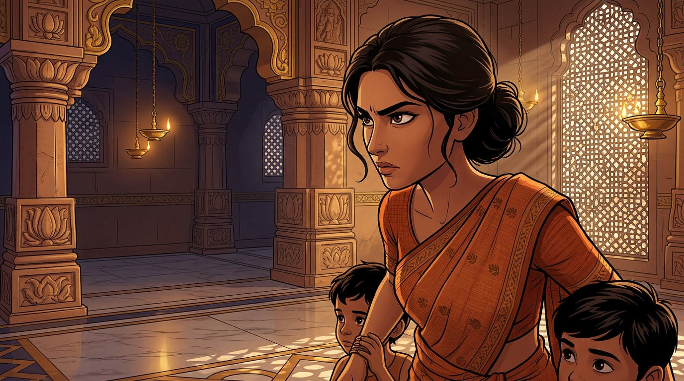 Close-up of Buddhimati's sharp, fearless eyes calculating her move