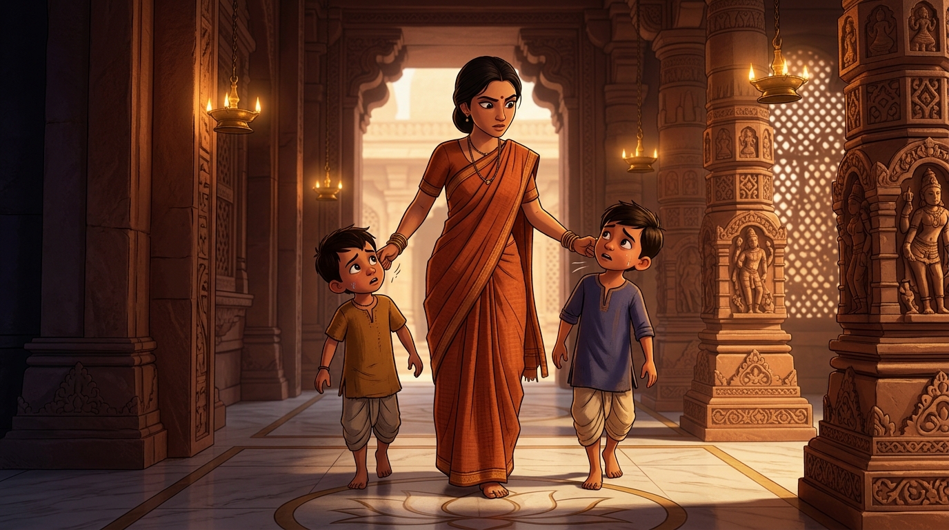 Buddhimati boldly grabbing both trembling sons by their ears and slapping their cheeks sharply