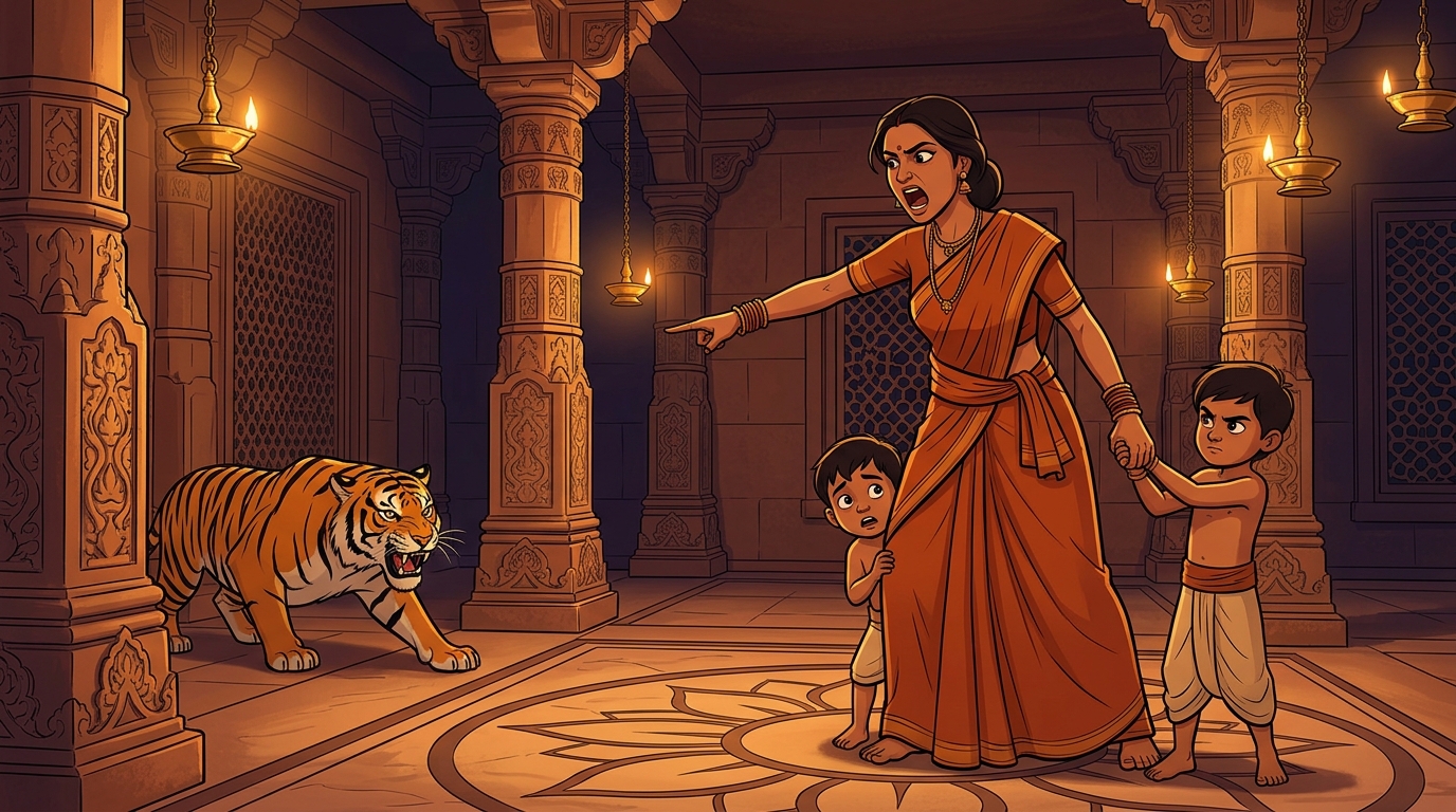 Buddhimati pointing aggressively at the tiger, shouting across the forest
