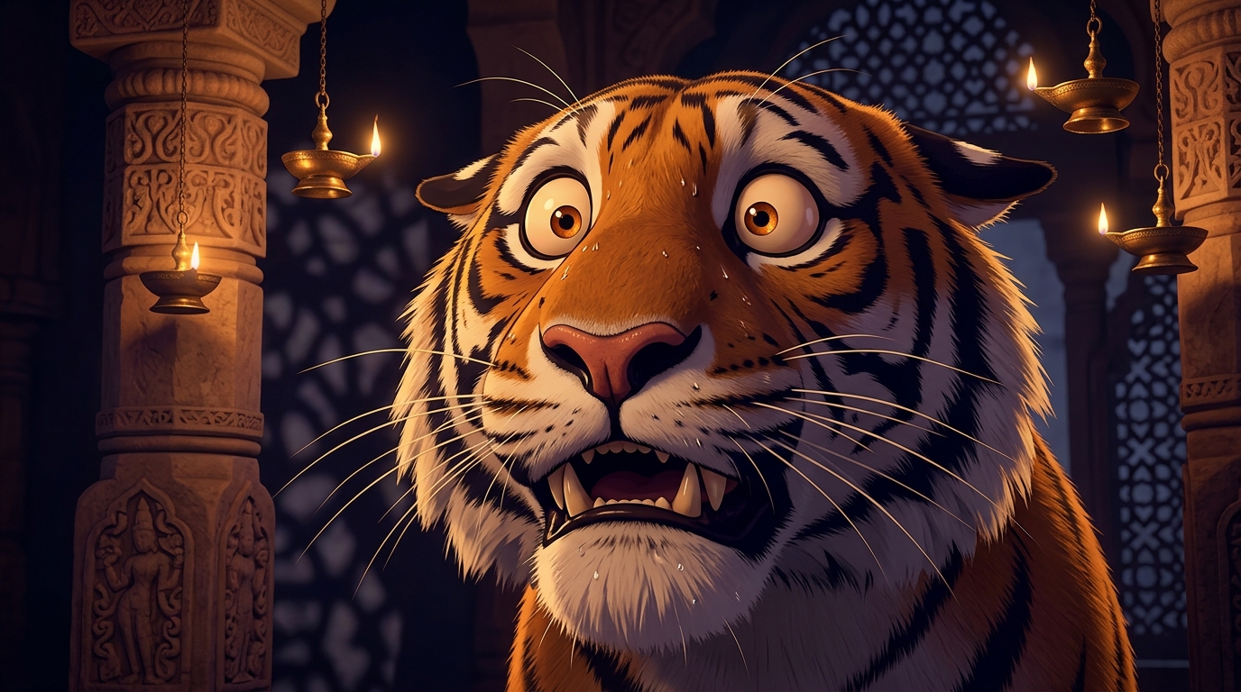 Close-up of the giant tiger in comical shock and sheer terror, its eyes bulging