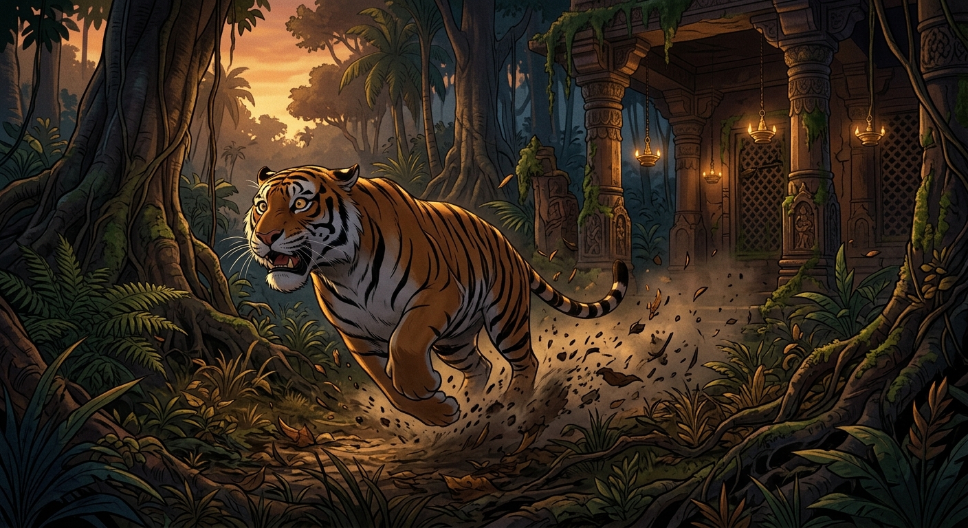 The massive tiger sprinting wildly through the forest in total panic