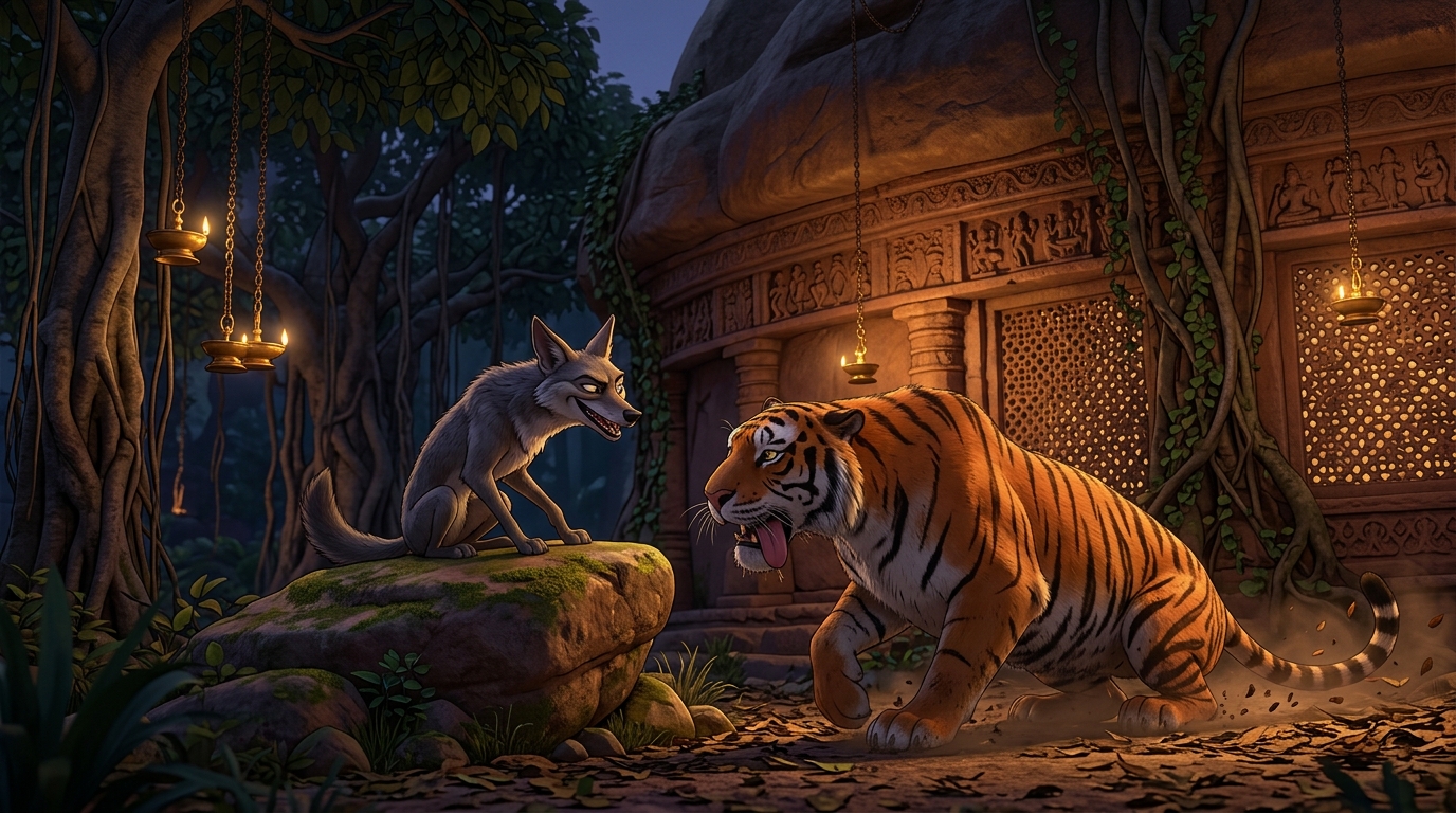 A shrewd grey jackal sitting on a rock smirking as the panting tiger collapses beside him