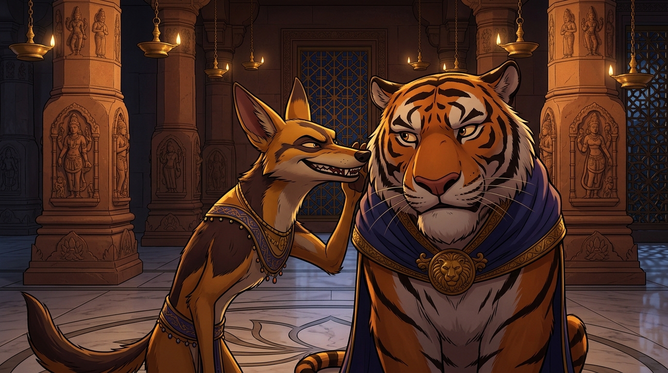 The jackal laughing mockingly, convincing the tiger to return