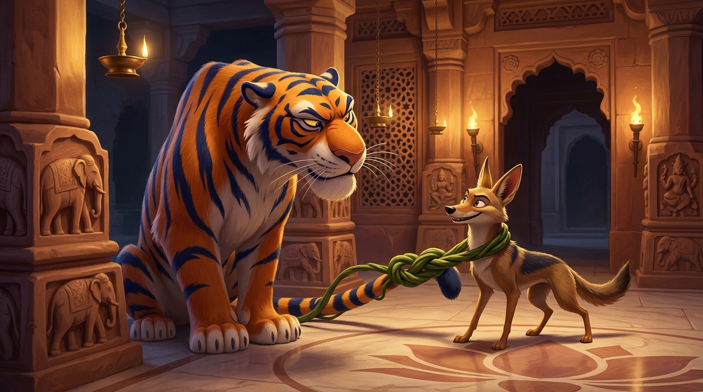 The jackal tying a strong green vine between the tiger's tail and his own neck