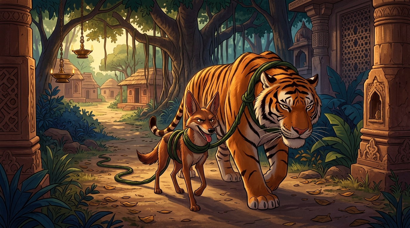Tied together, the giant tiger and the jackal marching menacingly back down the trail
