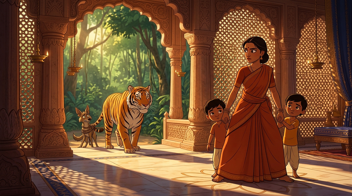 Buddhimati in the clearing spotting the returning tiger with the jackal leading