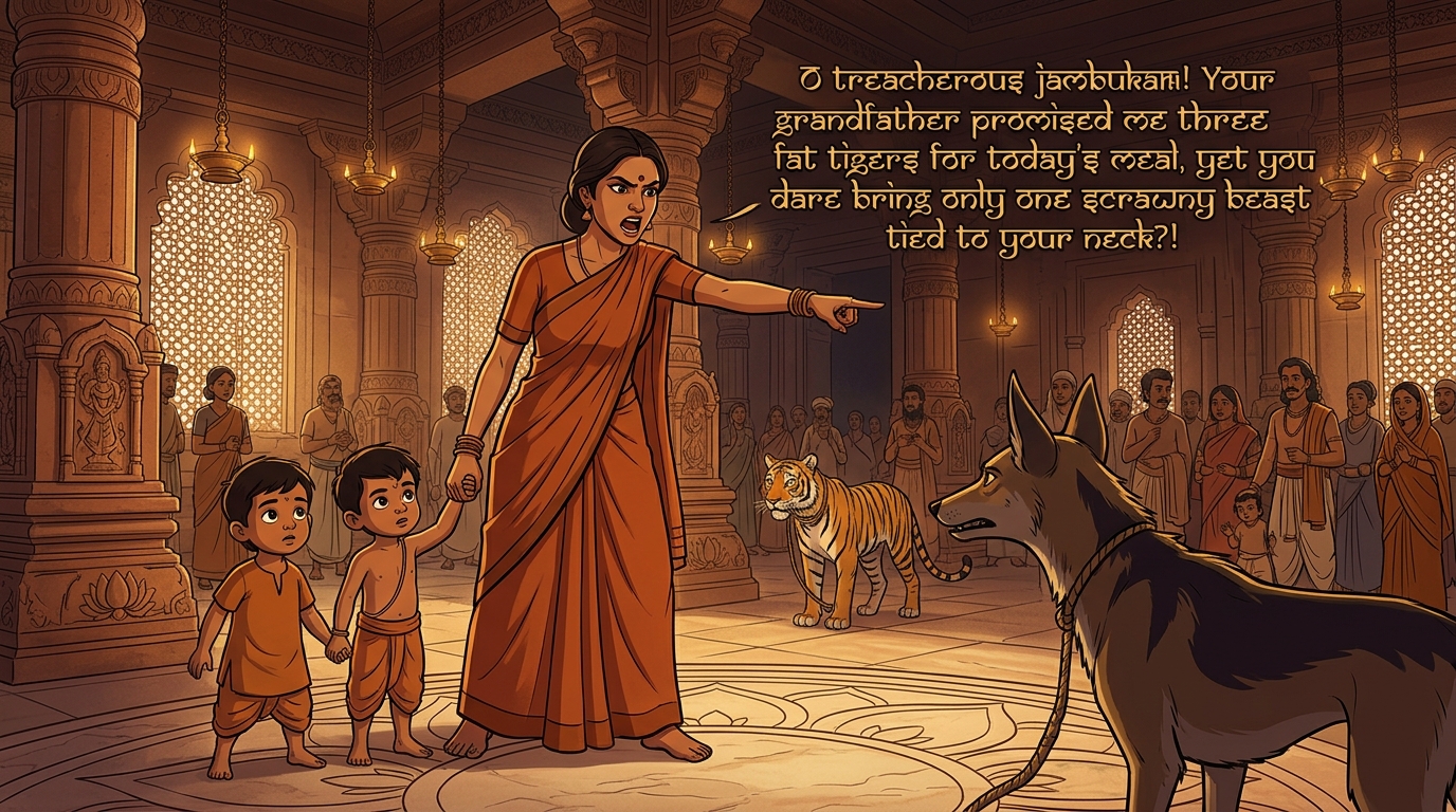 Buddhimati pointing an accusing finger at the jackal with fierce scorn