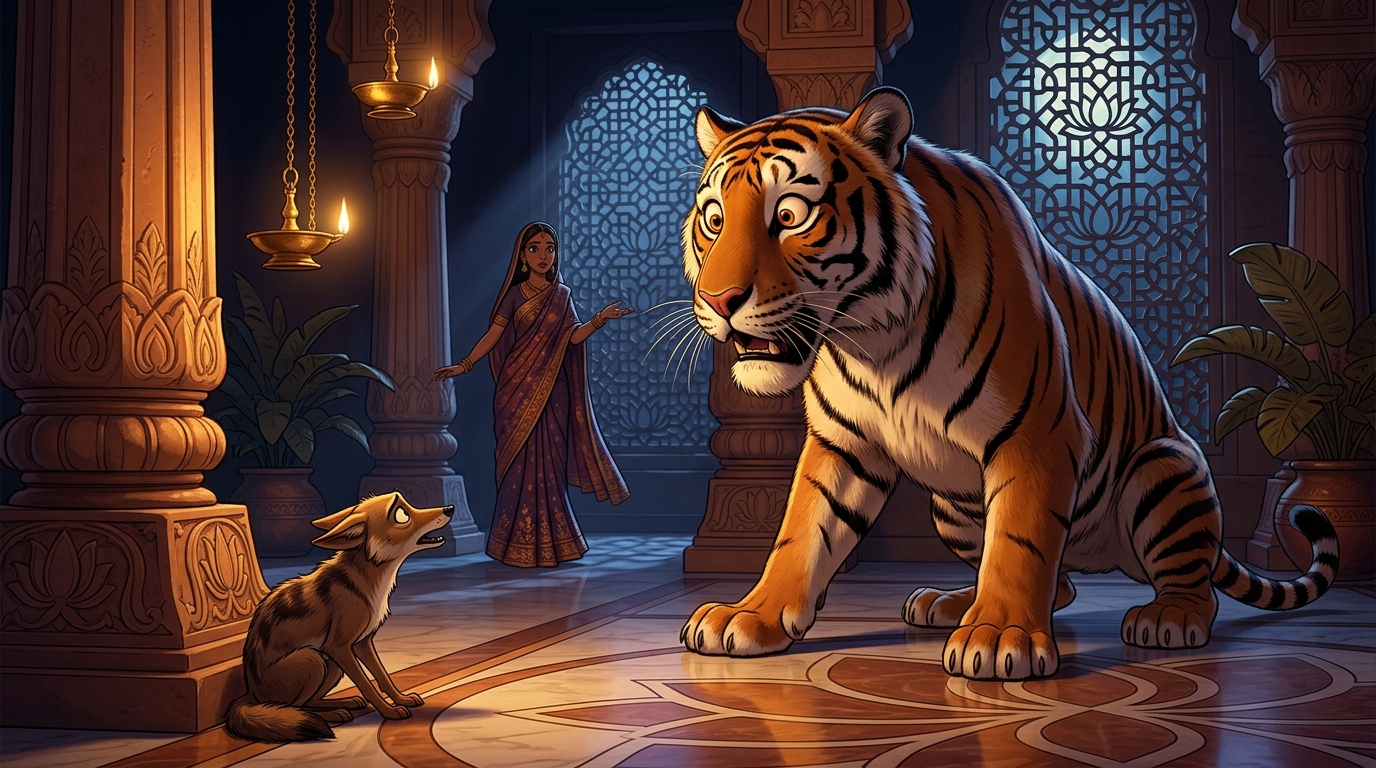 The tiger looking down at the jackal in absolute horror and betrayal