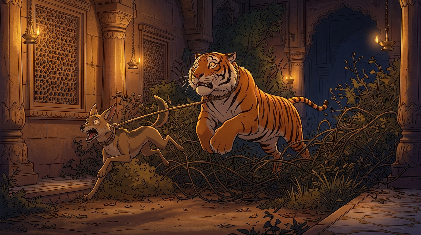 The tiger sprinting in wild panic, dragging the screaming jackal through thorns and rocks