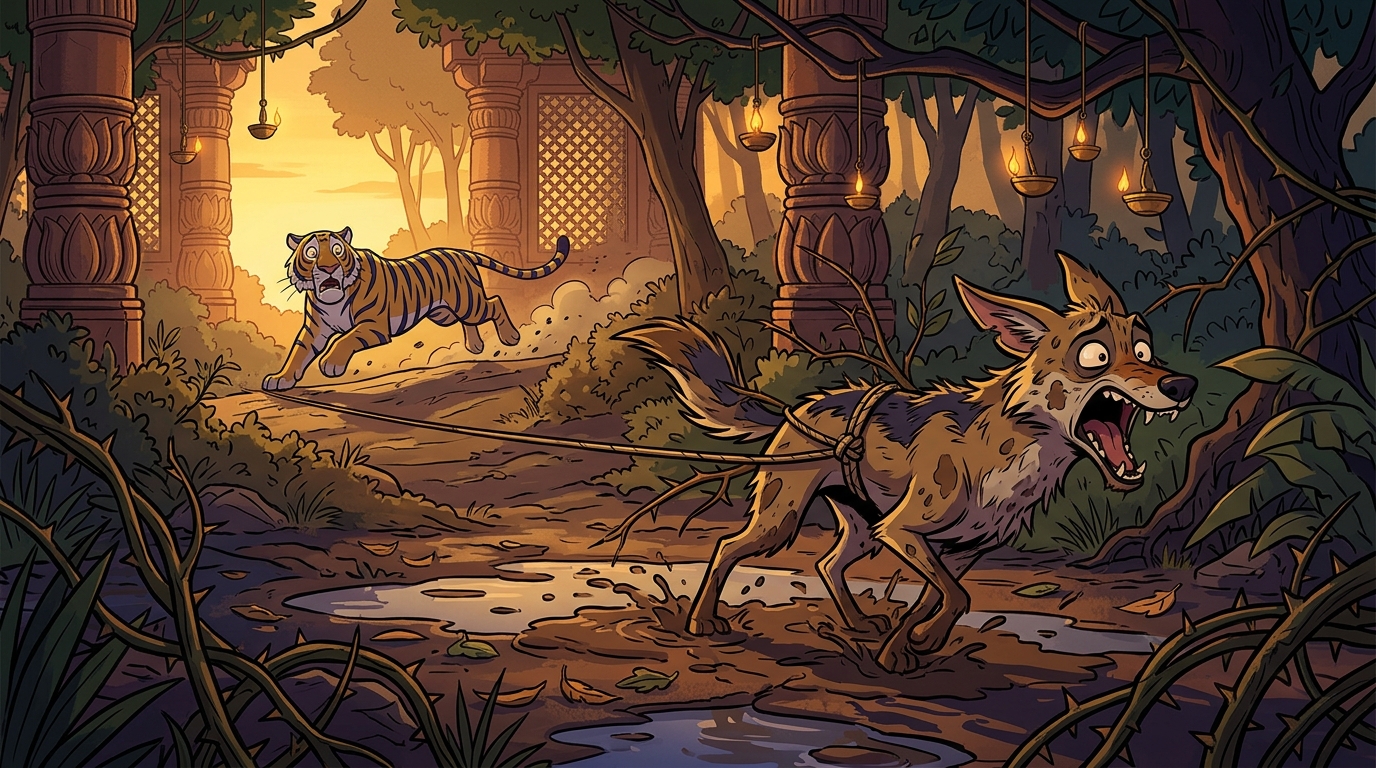 Comic chaos as the poor jackal gets dragged through muddy puddles shouting in agony