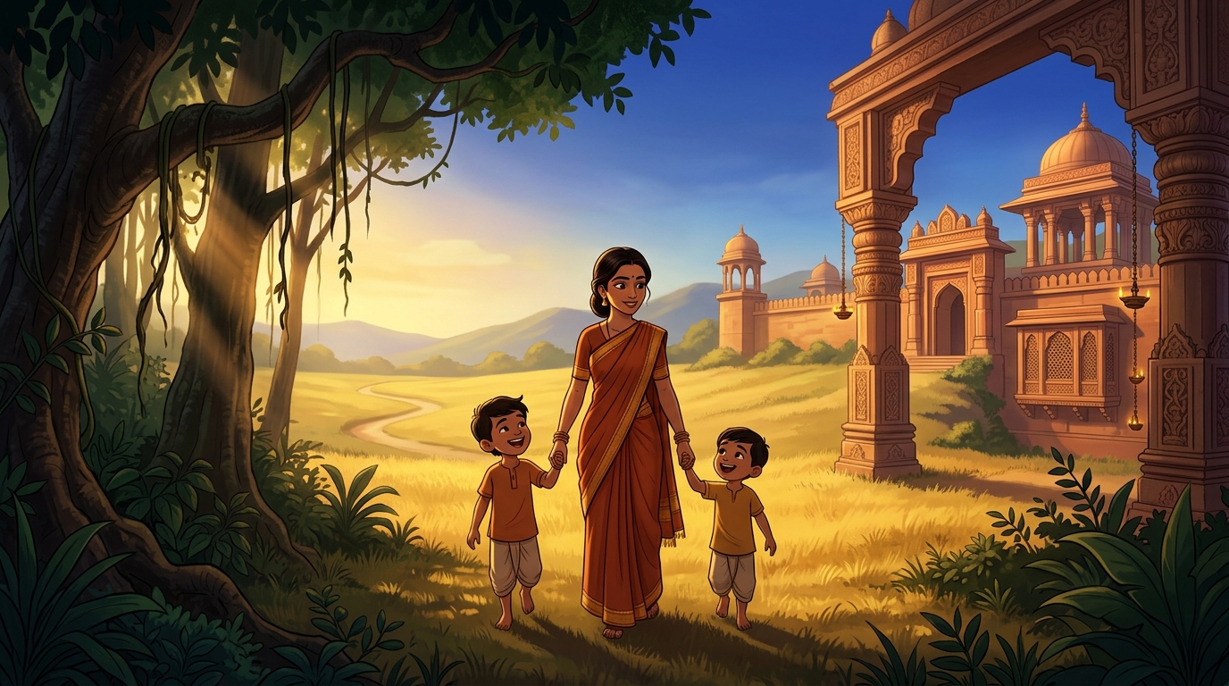 Buddhimati and her two laughing sons walking peacefully out of the jungle into golden meadows